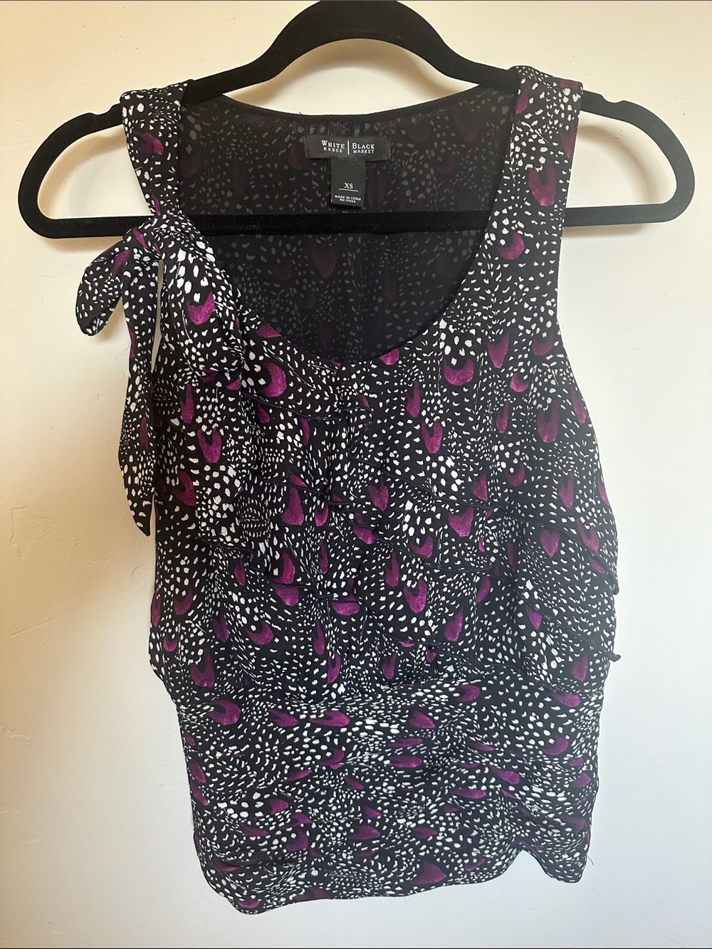 White House Black Market Black & Purple Printed Tie-Shoulder sleeveless blouse.